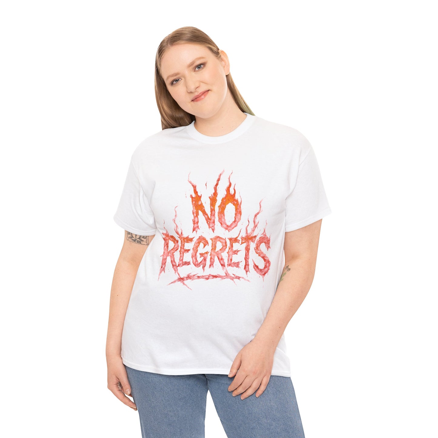 Graphic Tee — 'No Regrets' / 'Proof of Survival' Flame Text Shirt