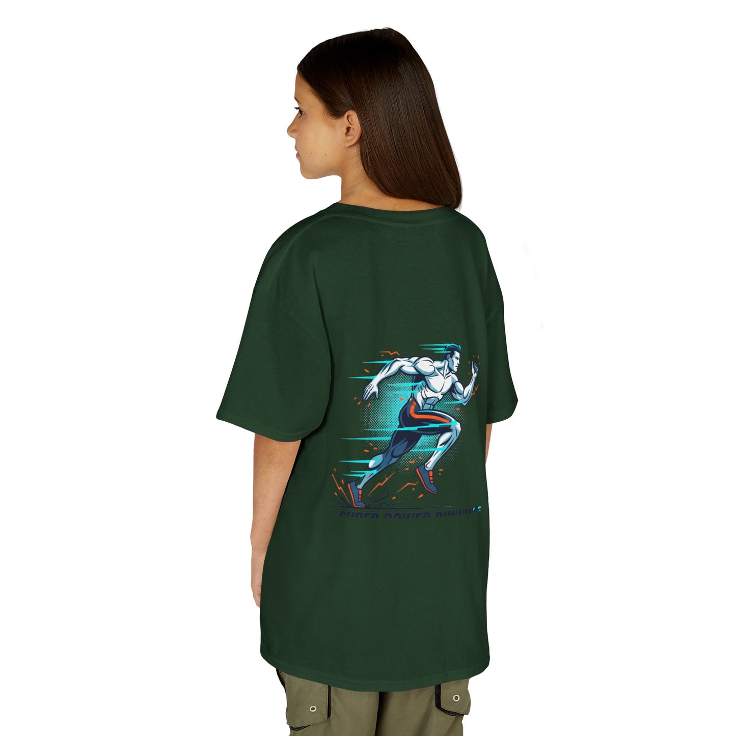 Kids Super Power T-Shirt — Lightning Bolt Badge & Running Superhero Graphic