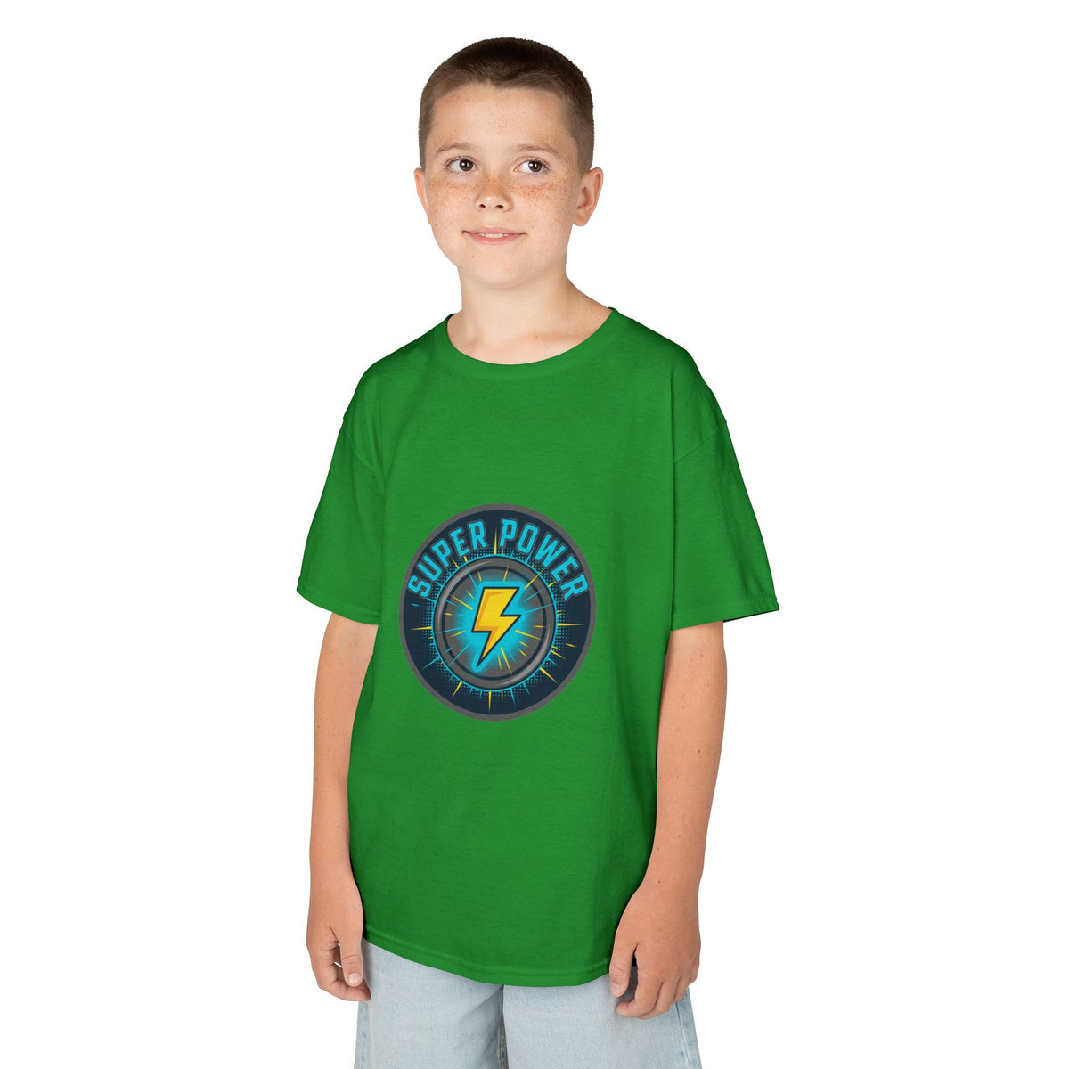 Kids Super Power T-Shirt — Lightning Bolt Badge & Running Superhero Graphic