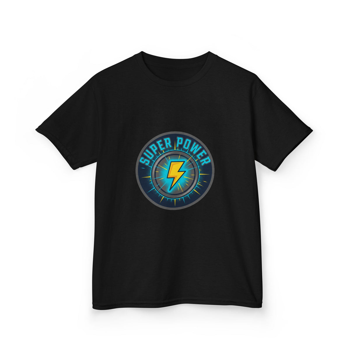 Kids Super Power T-Shirt — Lightning Bolt Badge & Running Superhero Graphic