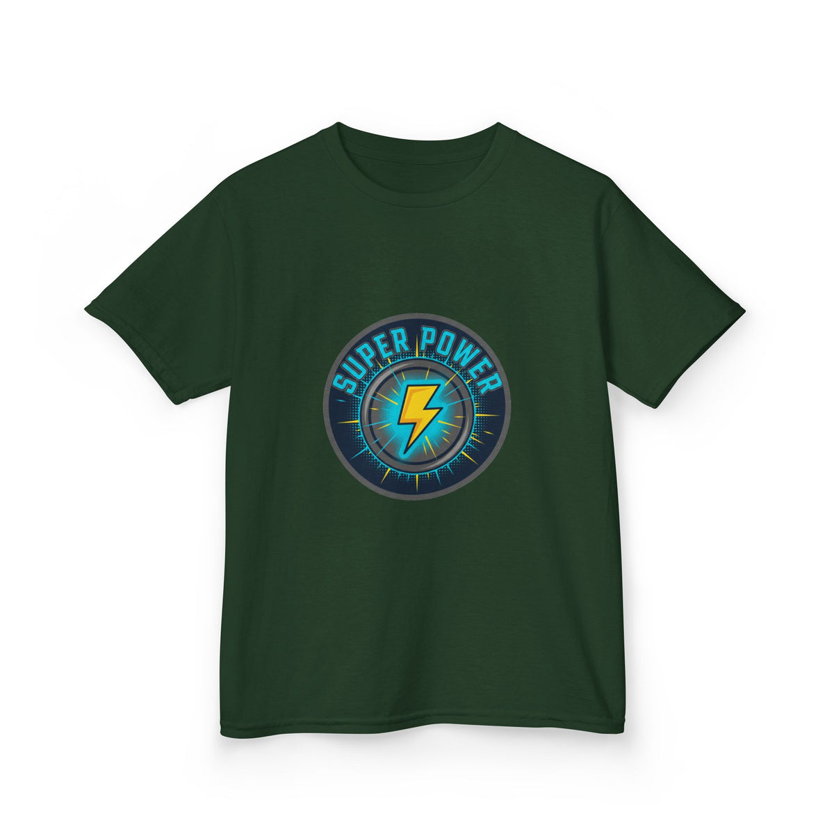 Kids Super Power T-Shirt — Lightning Bolt Badge & Running Superhero Graphic