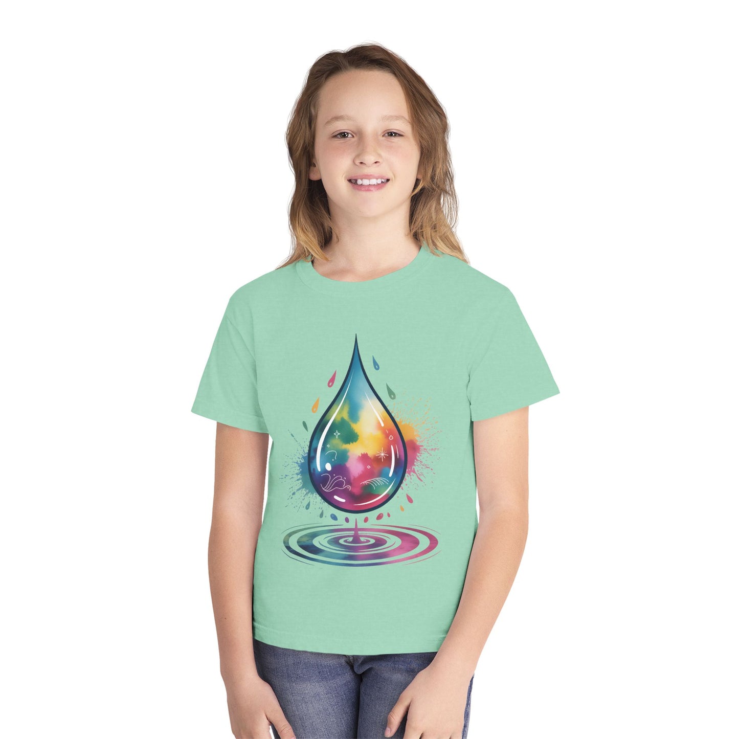 Colorful Nature Youth Tee - Artistic Water Droplet & Whimsical Deer Design