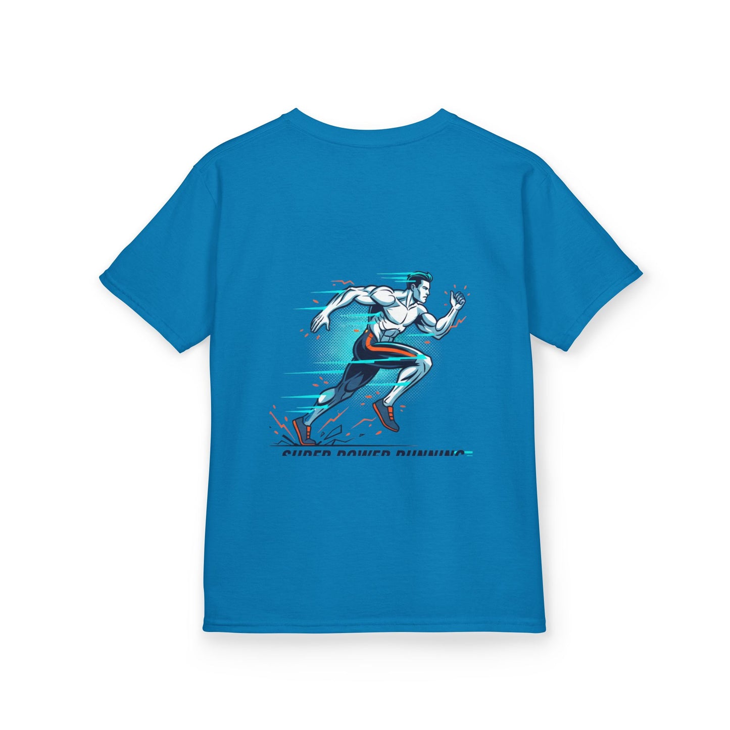 Kids Super Power T-Shirt — Lightning Bolt Badge & Running Superhero Graphic