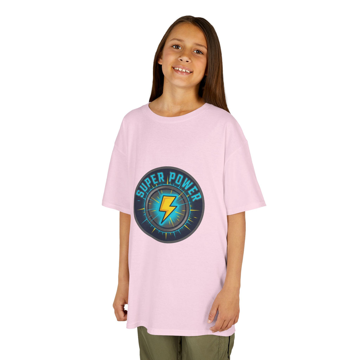 Kids Super Power T-Shirt — Lightning Bolt Badge & Running Superhero Graphic