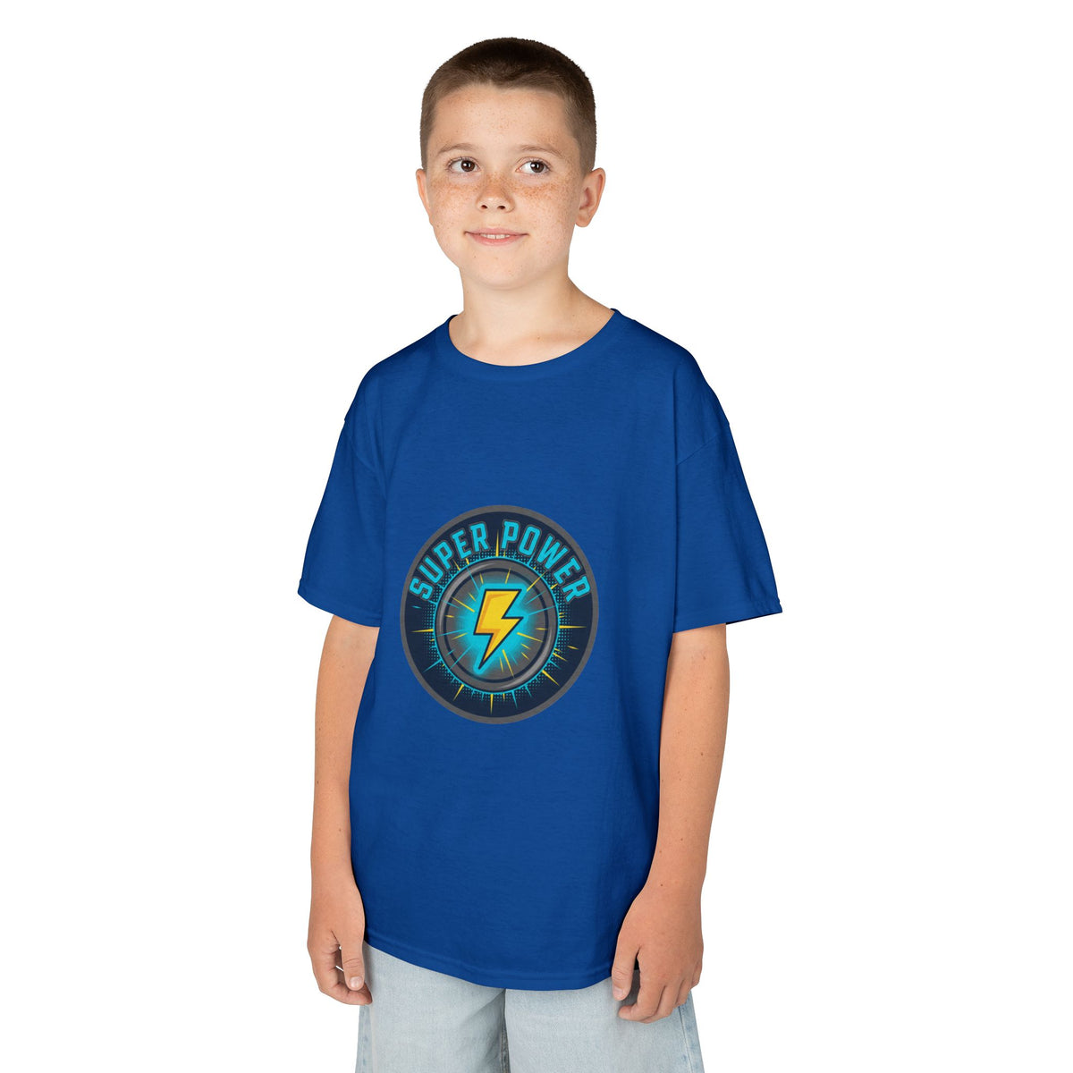 Kids Super Power T-Shirt — Lightning Bolt Badge & Running Superhero Graphic
