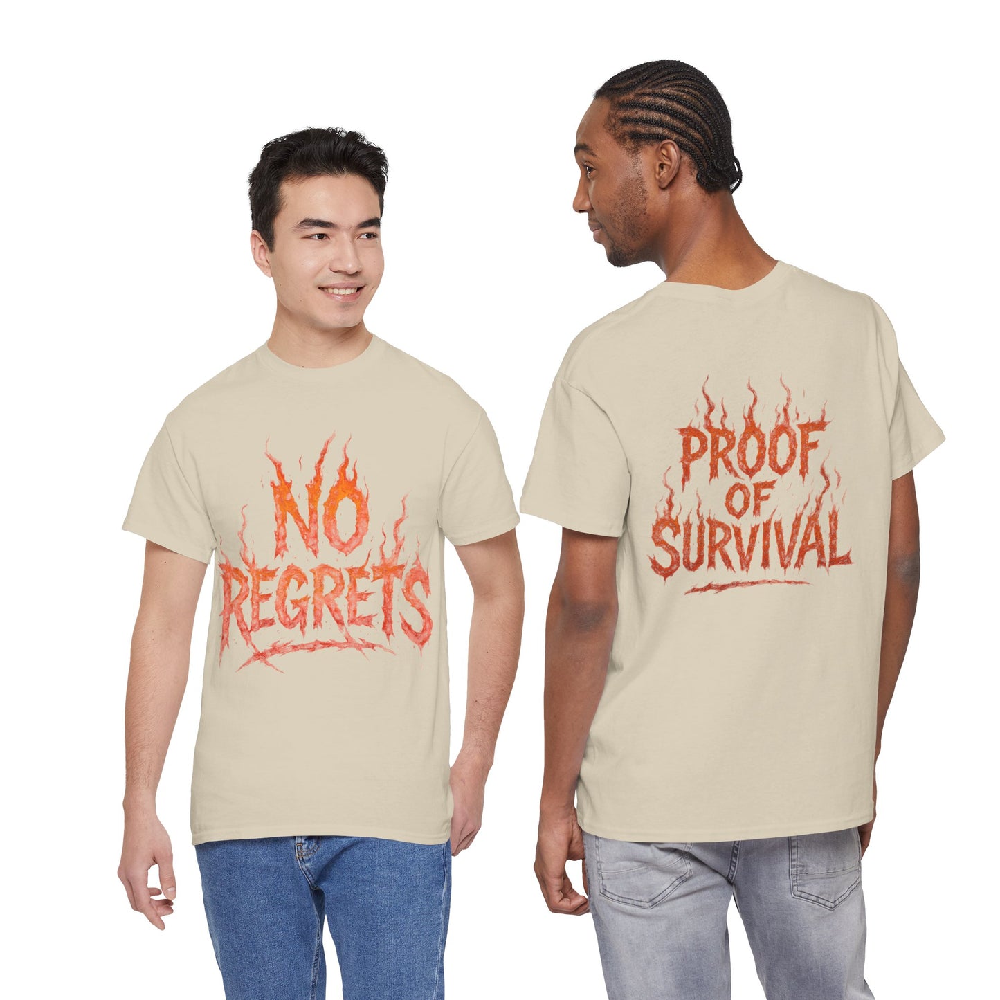 Graphic Tee — 'No Regrets' / 'Proof of Survival' Flame Text Shirt