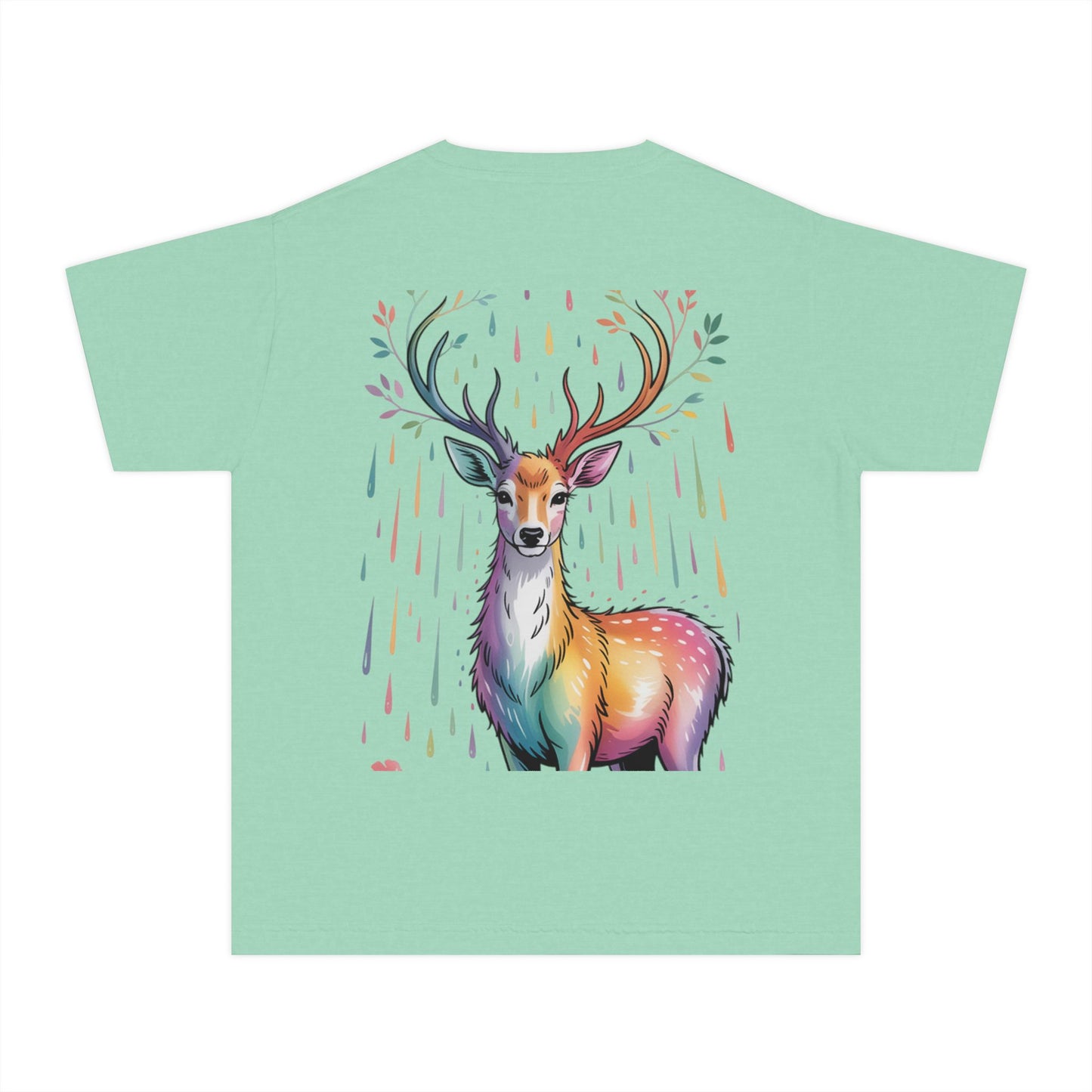 Colorful Nature Youth Tee - Artistic Water Droplet & Whimsical Deer Design