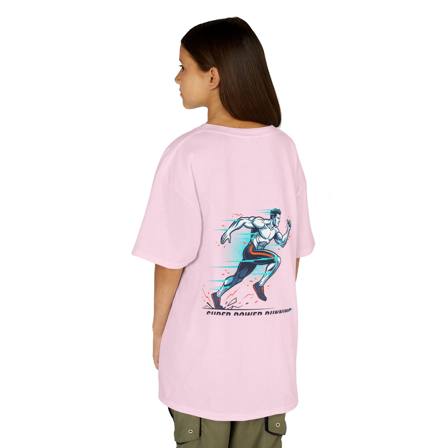 Kids Super Power T-Shirt — Lightning Bolt Badge & Running Superhero Graphic