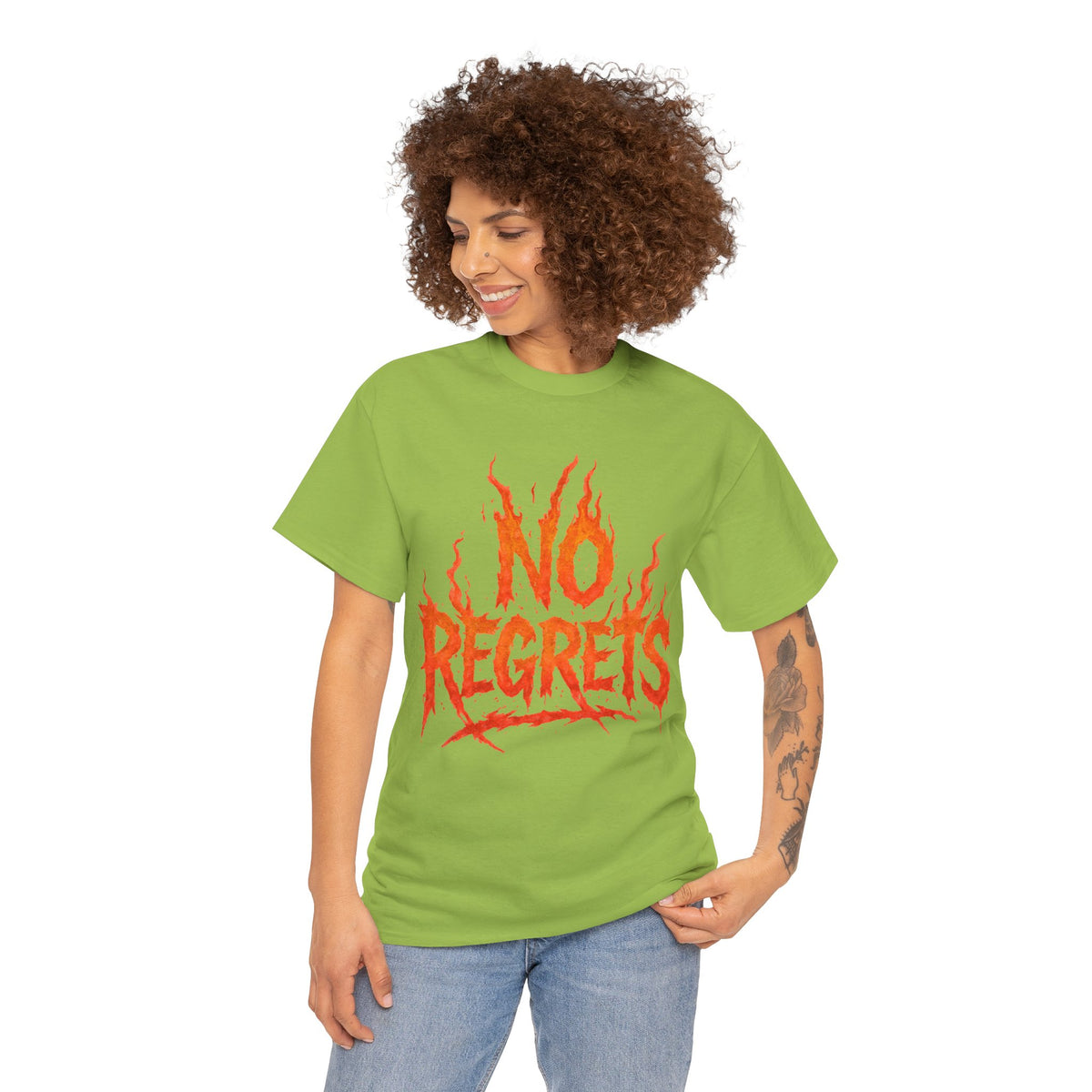 Graphic Tee — 'No Regrets' / 'Proof of Survival' Flame Text Shirt