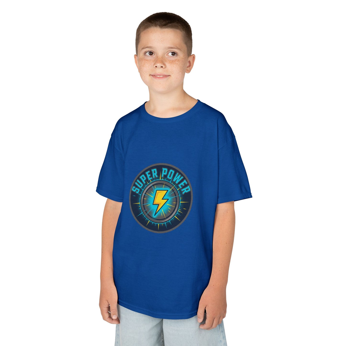Kids Super Power T-Shirt — Lightning Bolt Badge & Running Superhero Graphic