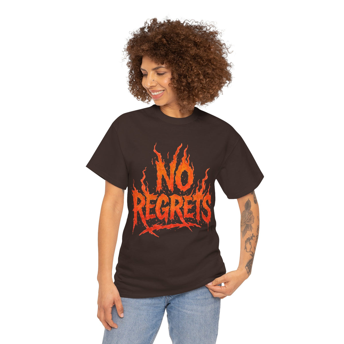 Graphic Tee — 'No Regrets' / 'Proof of Survival' Flame Text Shirt