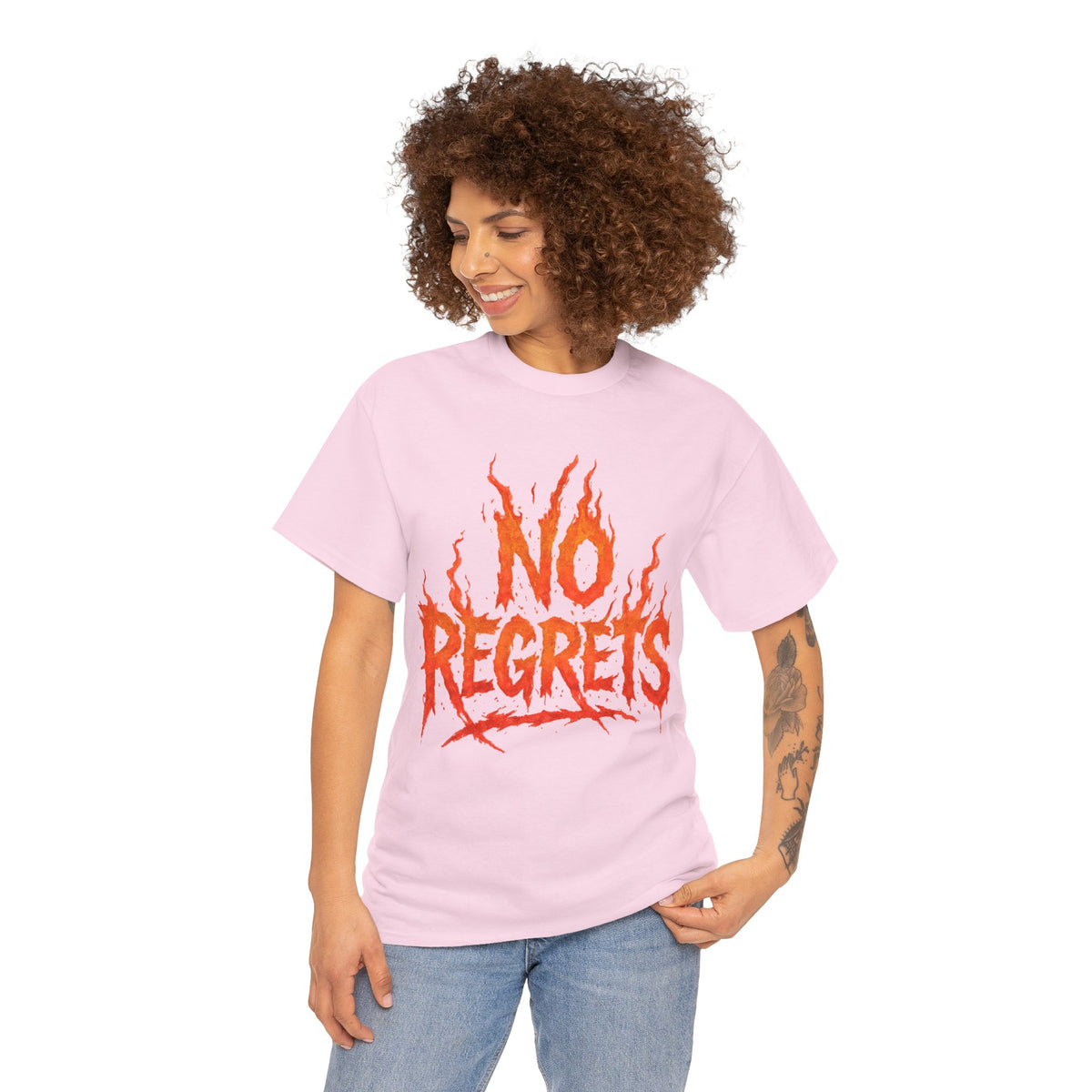 Graphic Tee — 'No Regrets' / 'Proof of Survival' Flame Text Shirt