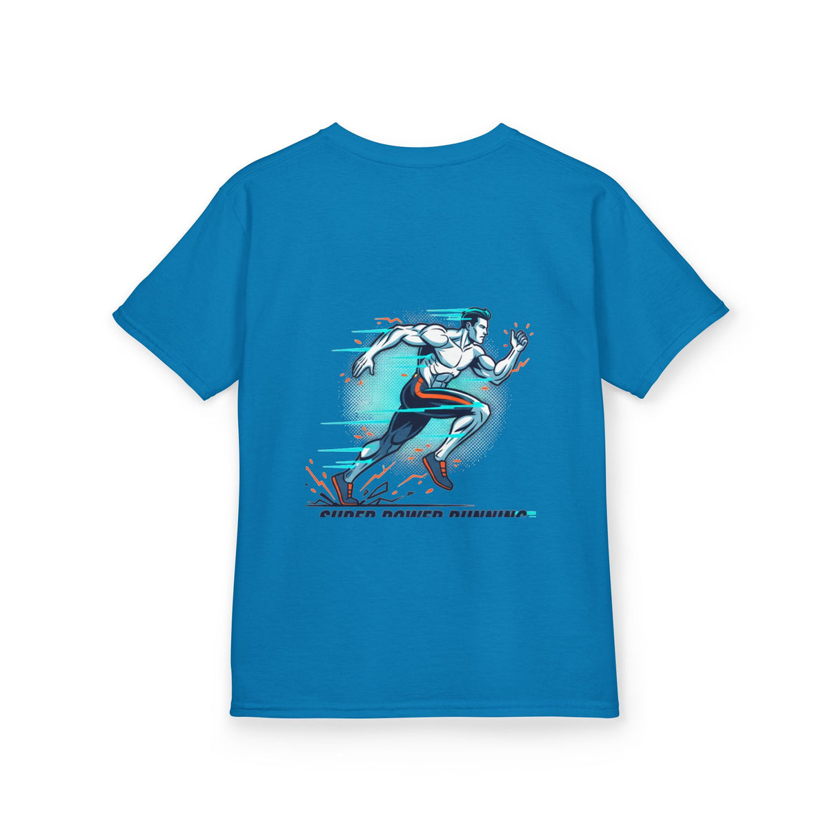 Kids Super Power T-Shirt — Lightning Bolt Badge & Running Superhero Graphic