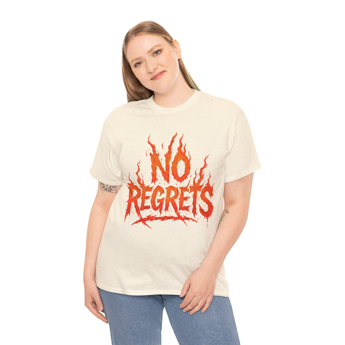 Graphic Tee — 'No Regrets' / 'Proof of Survival' Flame Text Shirt