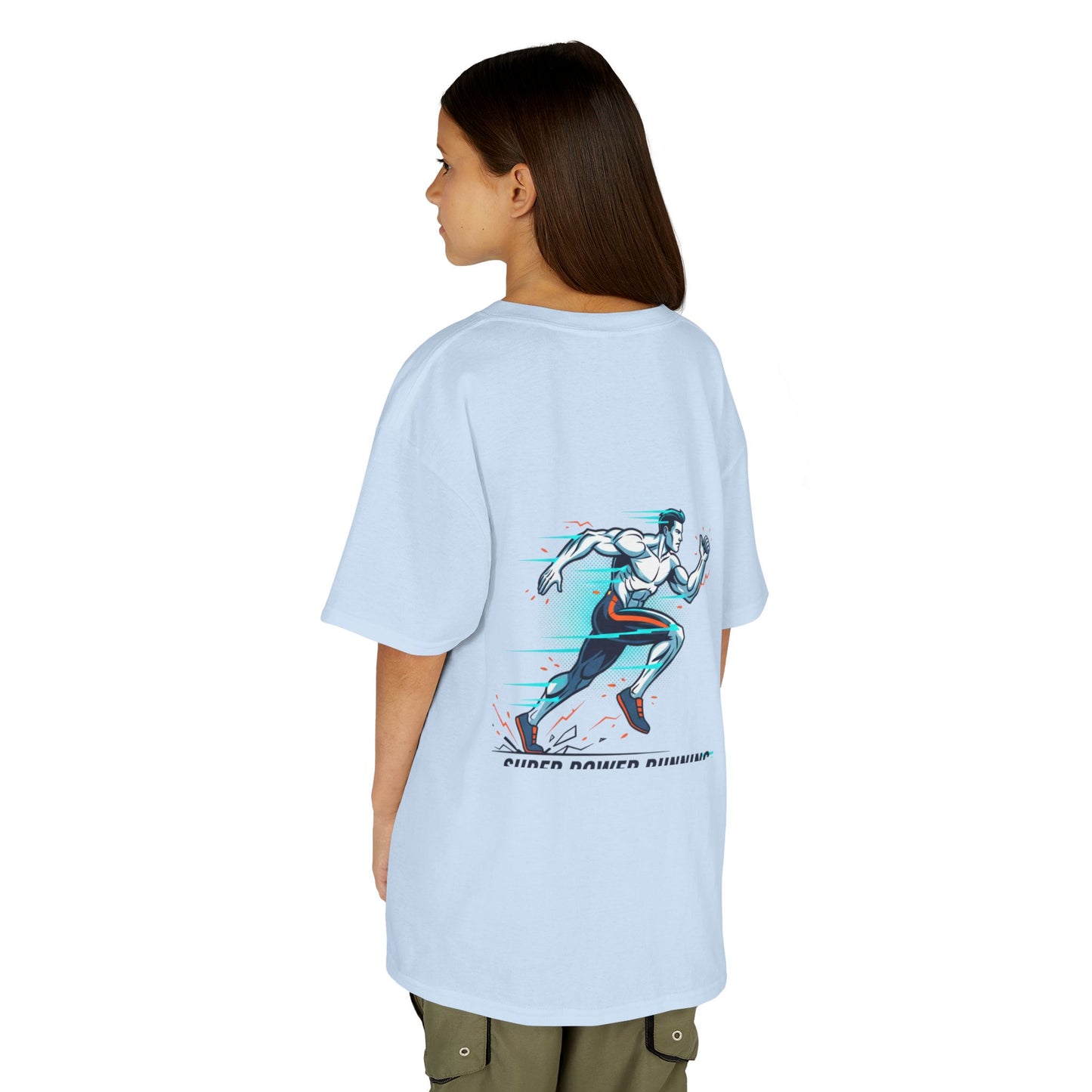 Kids Super Power T-Shirt — Lightning Bolt Badge & Running Superhero Graphic
