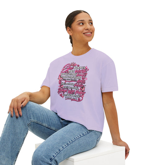 Women's Boxy Tee — Vintage Pink Script Floral Typography Tee (She Knows Her Worth)