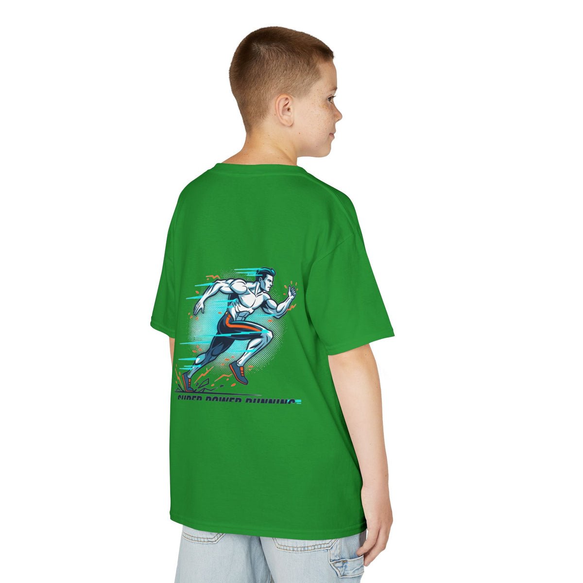 Kids Super Power T-Shirt — Lightning Bolt Badge & Running Superhero Graphic