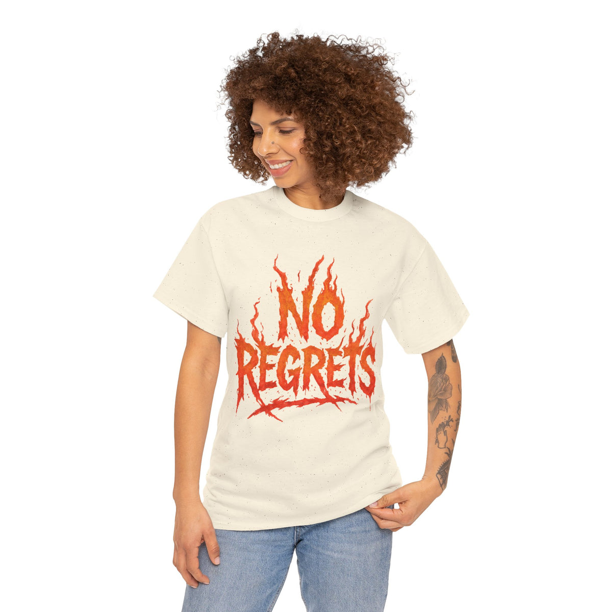 Graphic Tee — 'No Regrets' / 'Proof of Survival' Flame Text Shirt
