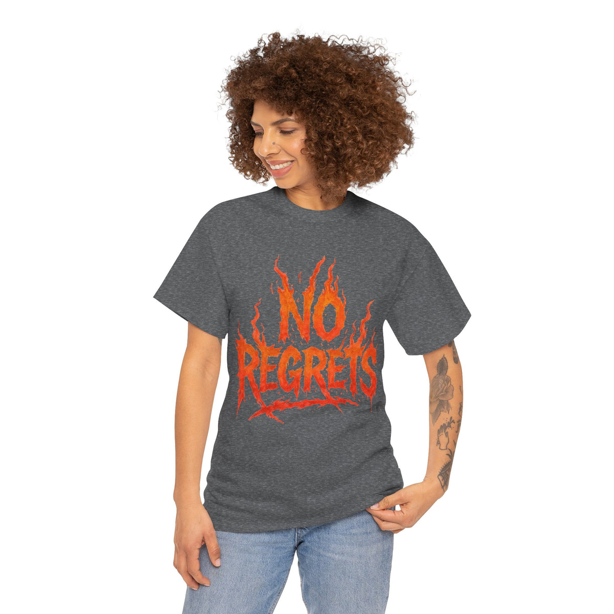 Graphic Tee — 'No Regrets' / 'Proof of Survival' Flame Text Shirt