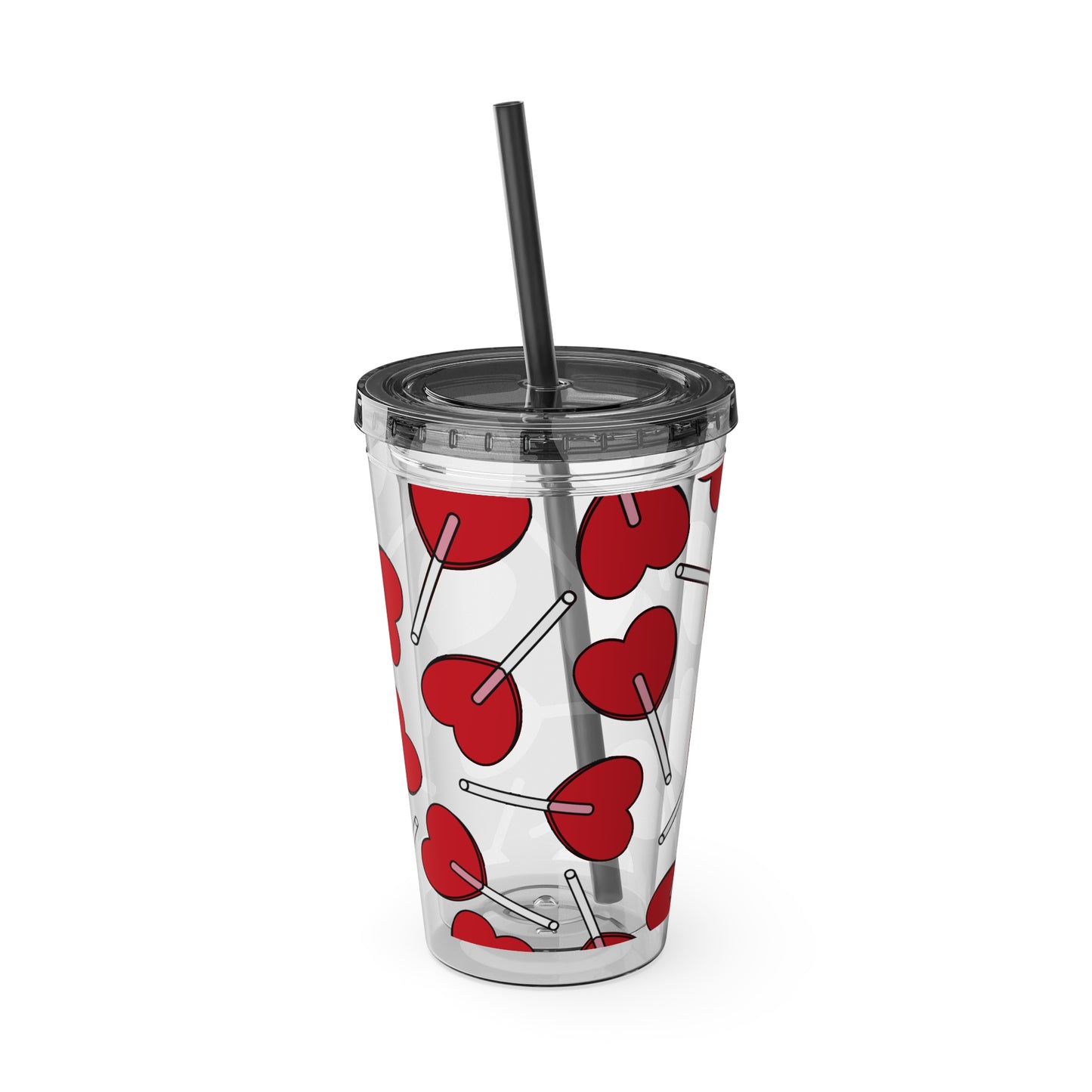 Heart Lollipop 16oz Tumbler with Straw — Valentine Candy Pattern Cold Cup