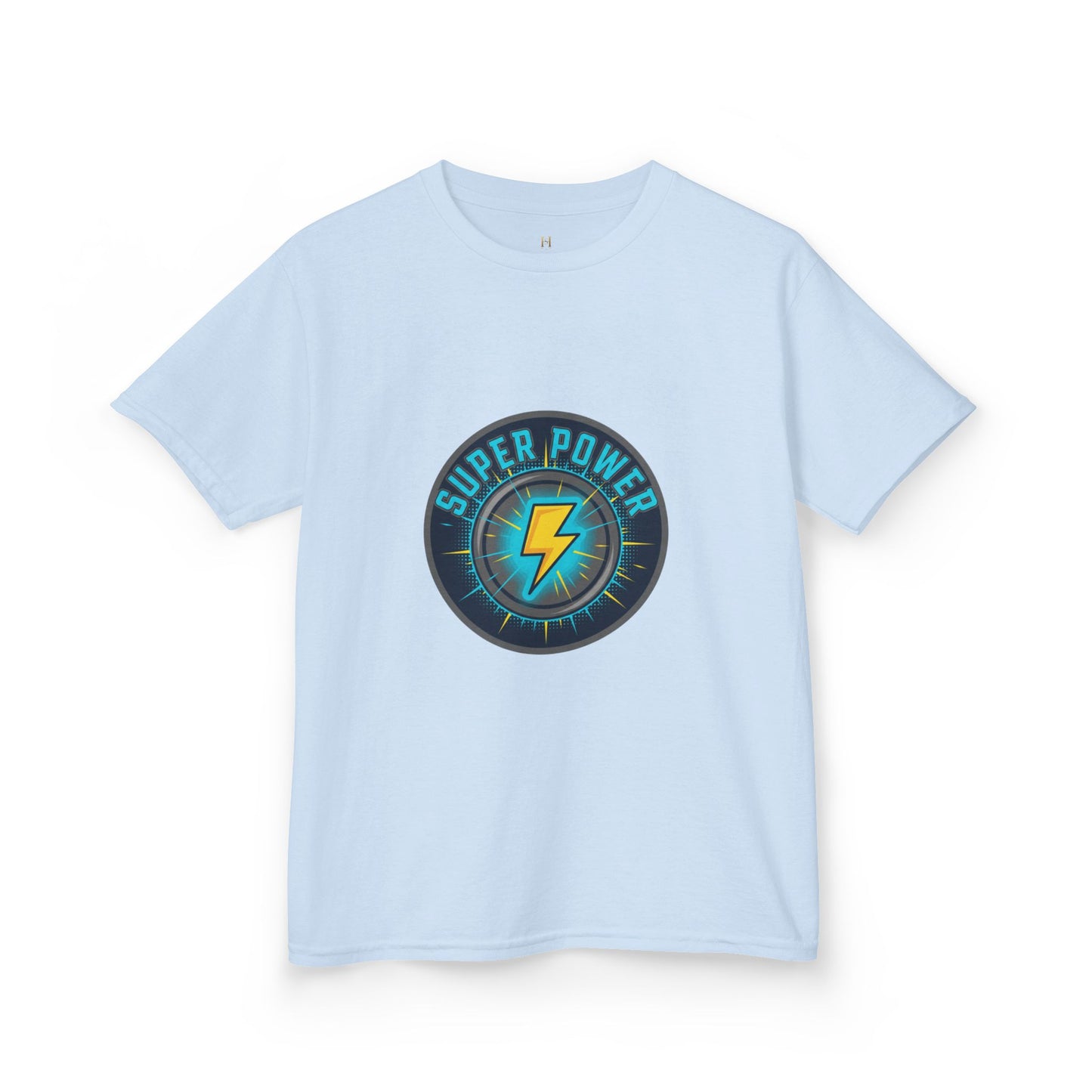 Kids Super Power T-Shirt — Lightning Bolt Badge & Running Superhero Graphic