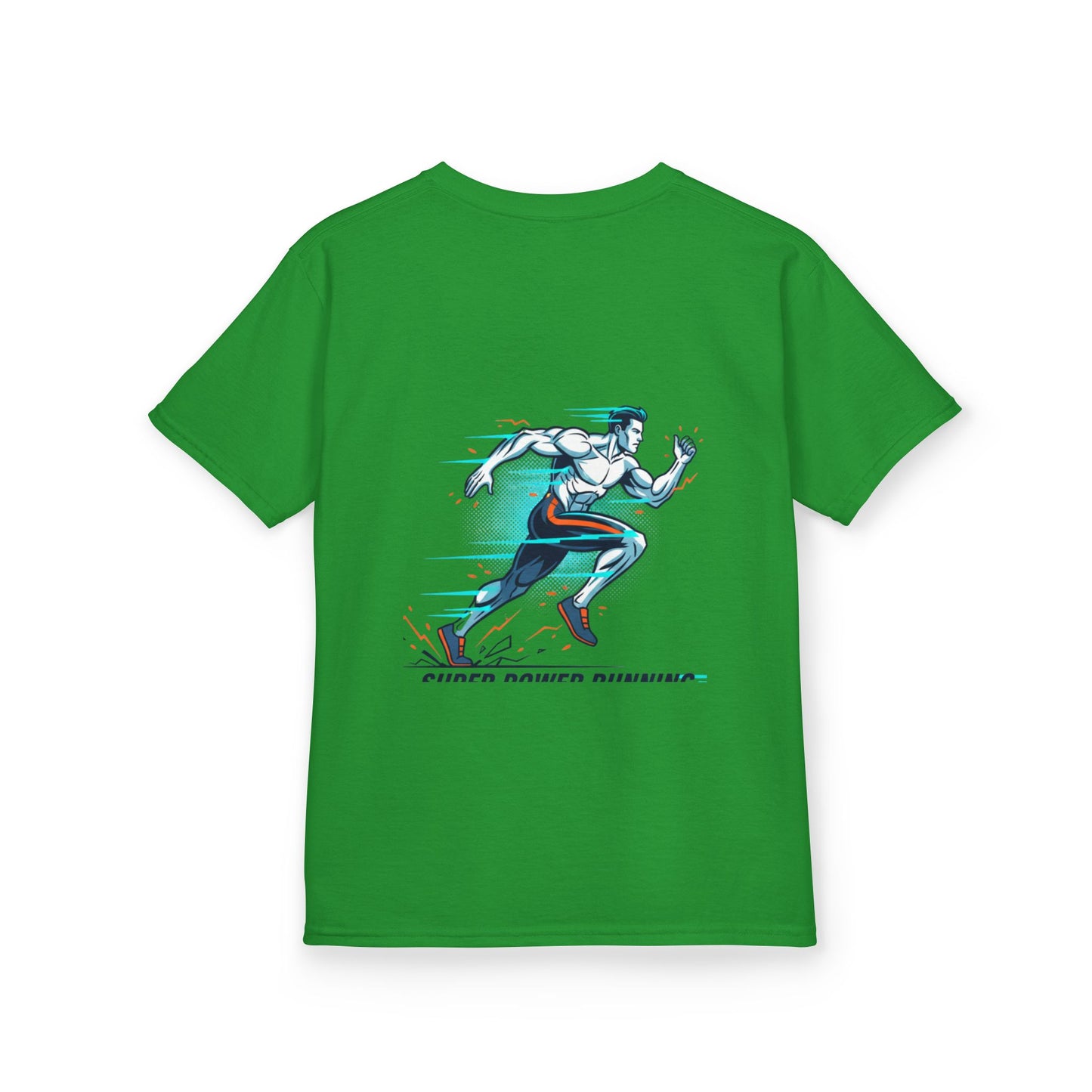 Kids Super Power T-Shirt — Lightning Bolt Badge & Running Superhero Graphic