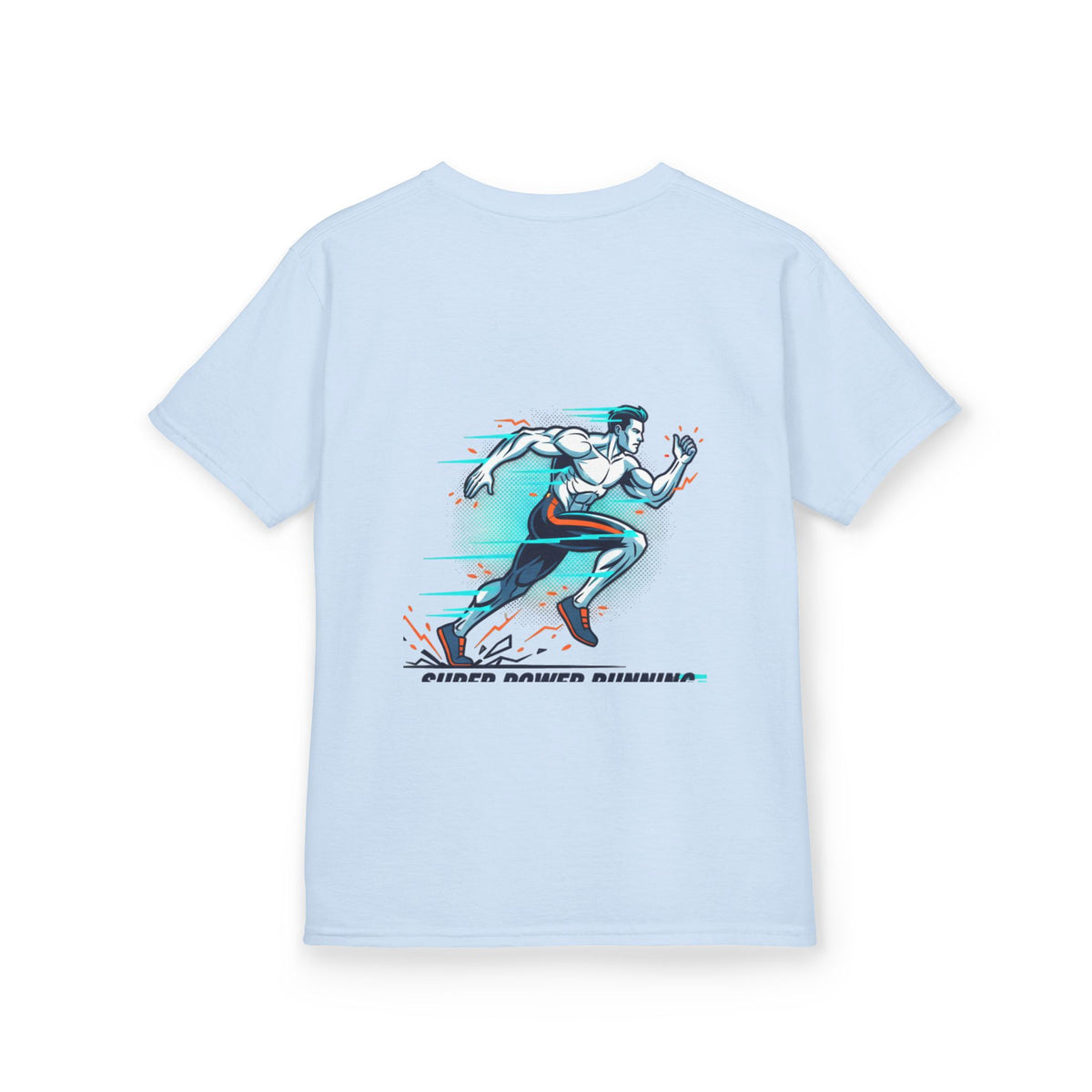 Kids Super Power T-Shirt — Lightning Bolt Badge & Running Superhero Graphic