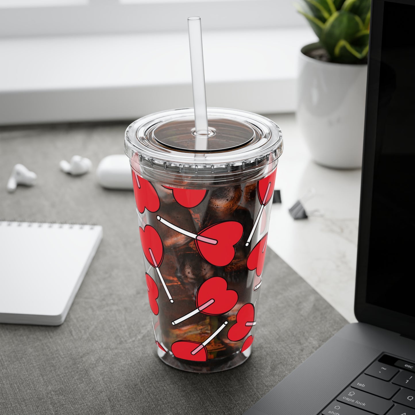 Heart Lollipop 16oz Tumbler with Straw — Valentine Candy Pattern Cold Cup