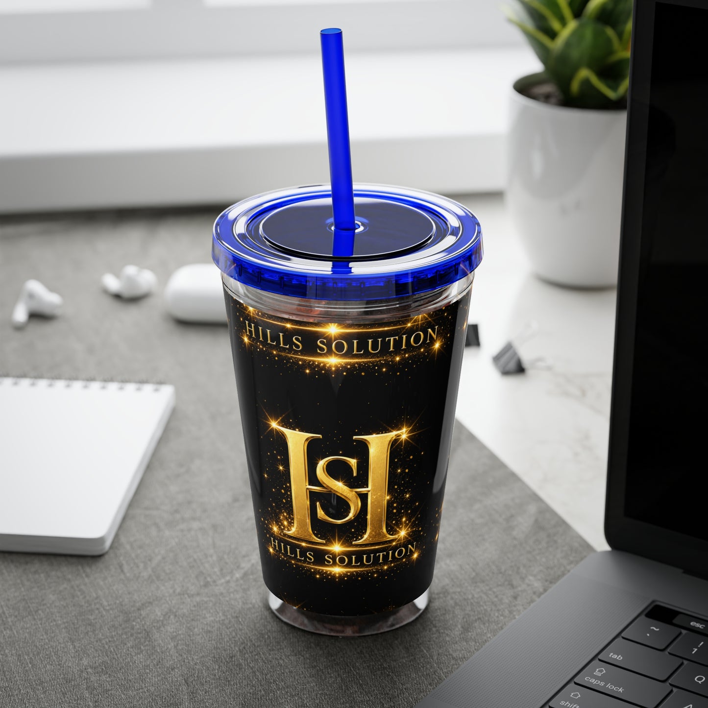 16oz Sunsplash Straw Tumbler — Gold 'HS' Logo Insulated Cup