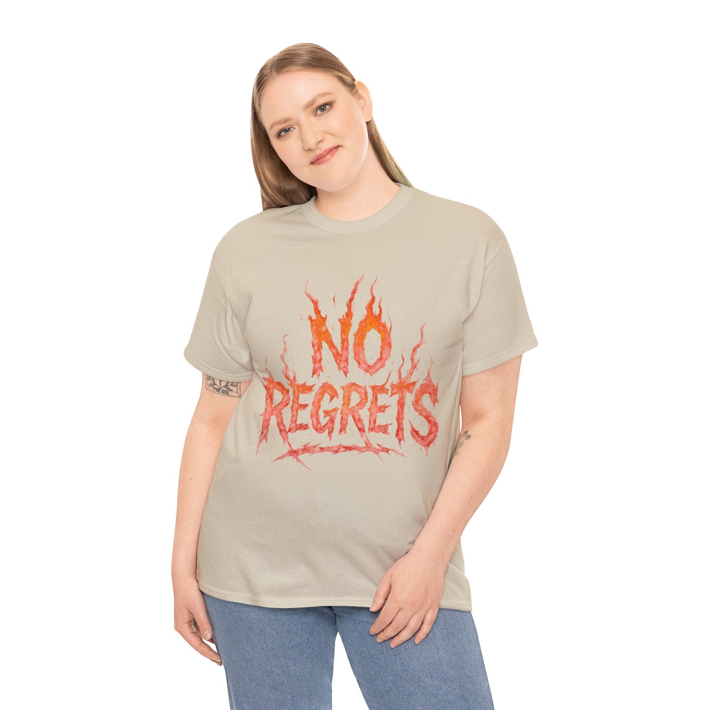 Graphic Tee — 'No Regrets' / 'Proof of Survival' Flame Text Shirt