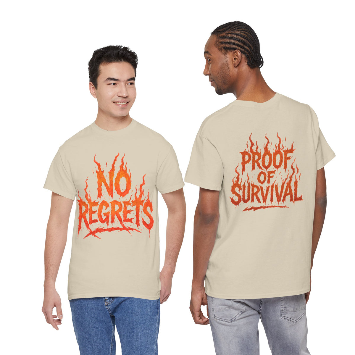 Graphic Tee — 'No Regrets' / 'Proof of Survival' Flame Text Shirt