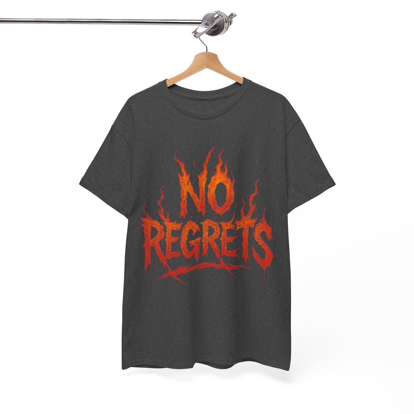 Graphic Tee — 'No Regrets' / 'Proof of Survival' Flame Text Shirt