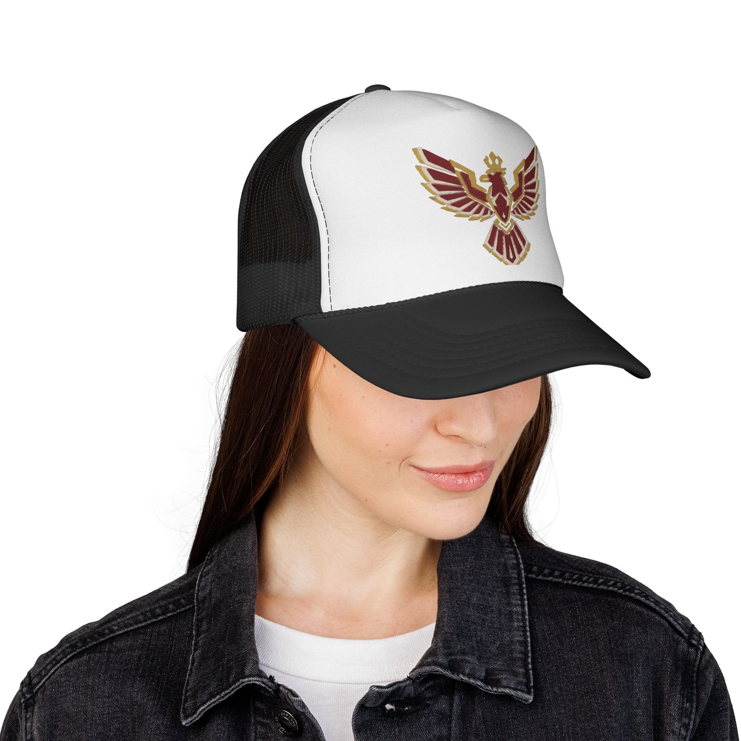 Phoenix Emblem Trucker Cap — Retro Red & Gold Bird Patch Hat