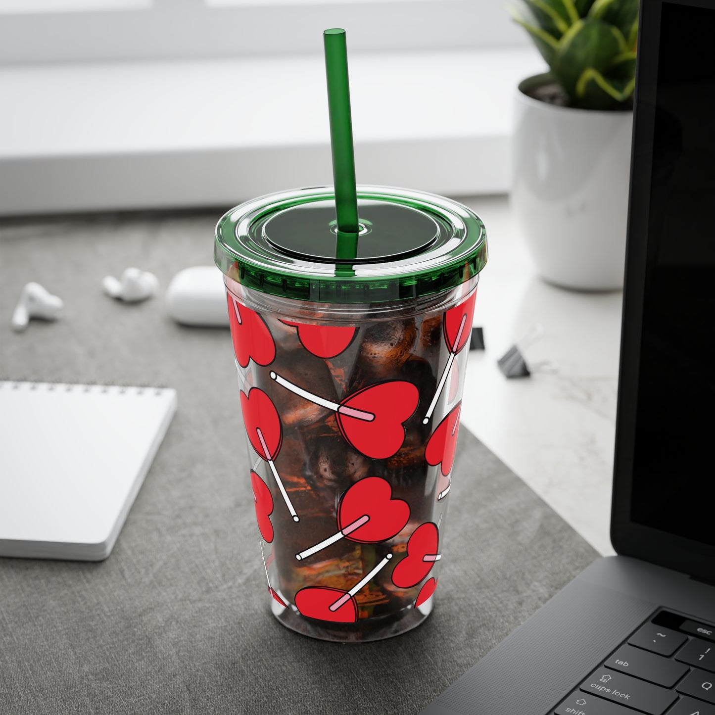 Heart Lollipop 16oz Tumbler with Straw — Valentine Candy Pattern Cold Cup
