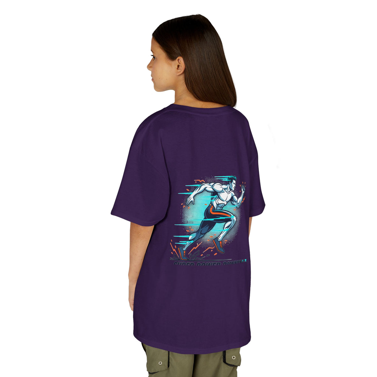 Kids Super Power T-Shirt — Lightning Bolt Badge & Running Superhero Graphic
