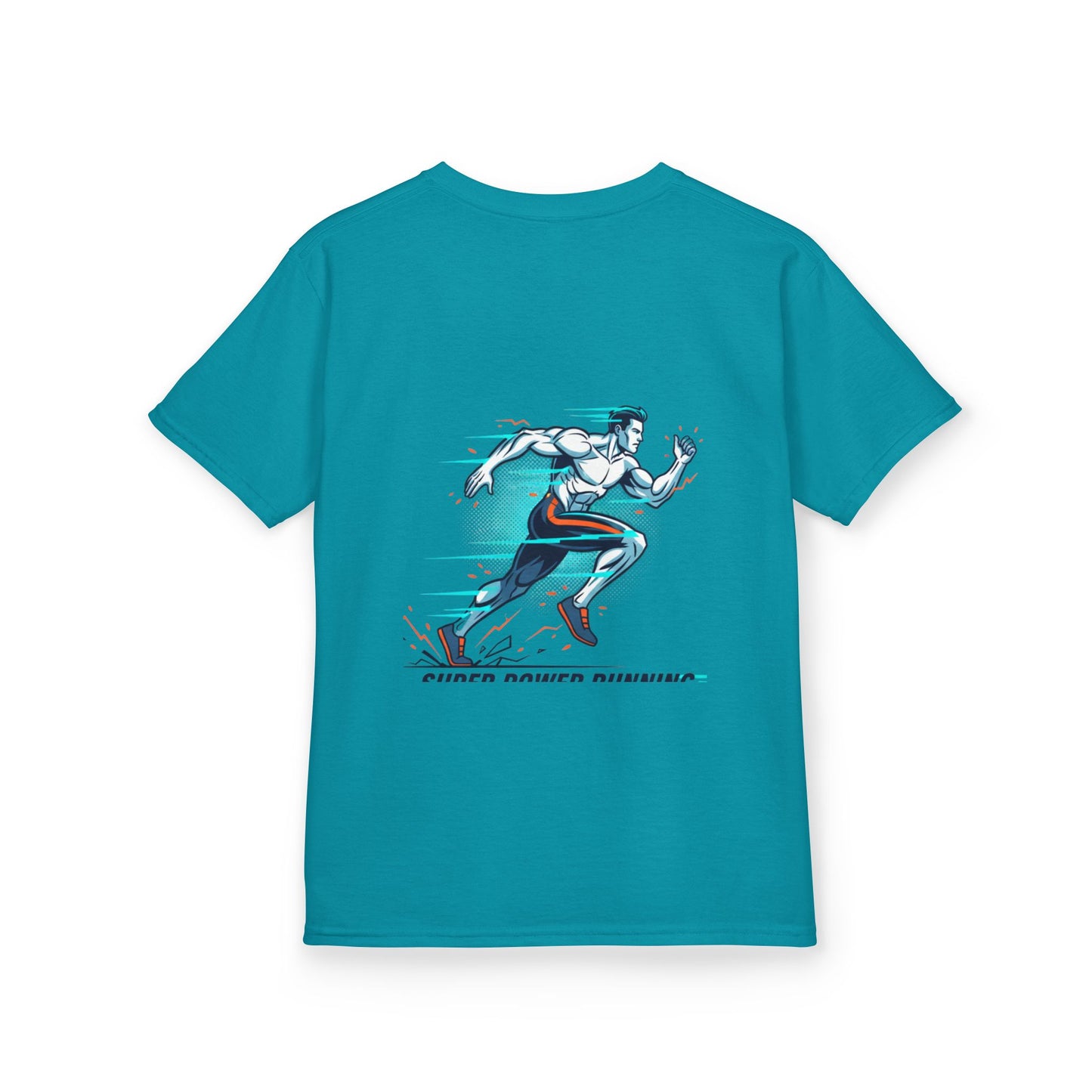 Kids Super Power T-Shirt — Lightning Bolt Badge & Running Superhero Graphic