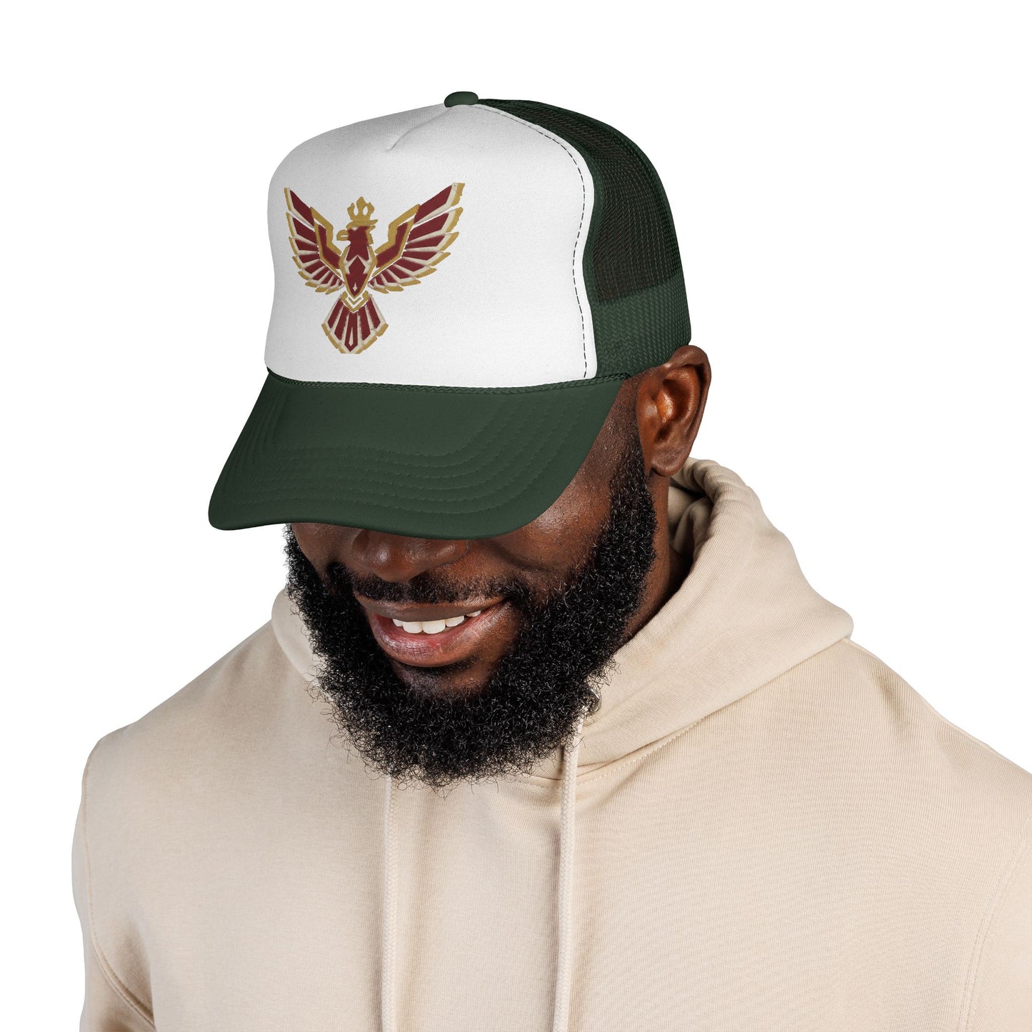 Phoenix Emblem Trucker Cap — Retro Red & Gold Bird Patch Hat
