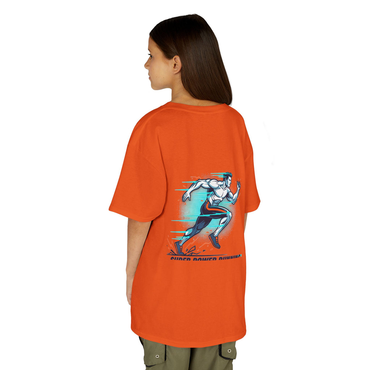 Kids Super Power T-Shirt — Lightning Bolt Badge & Running Superhero Graphic