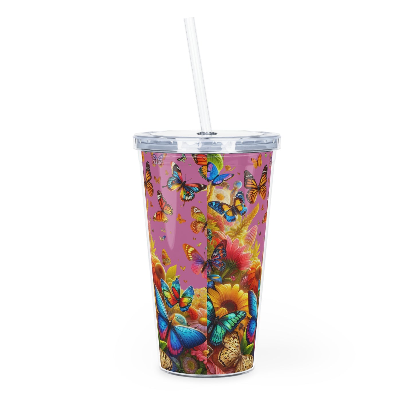 Butterfly Garden Plastic Tumbler with Straw — Colorful Fluttering Butterflies Design