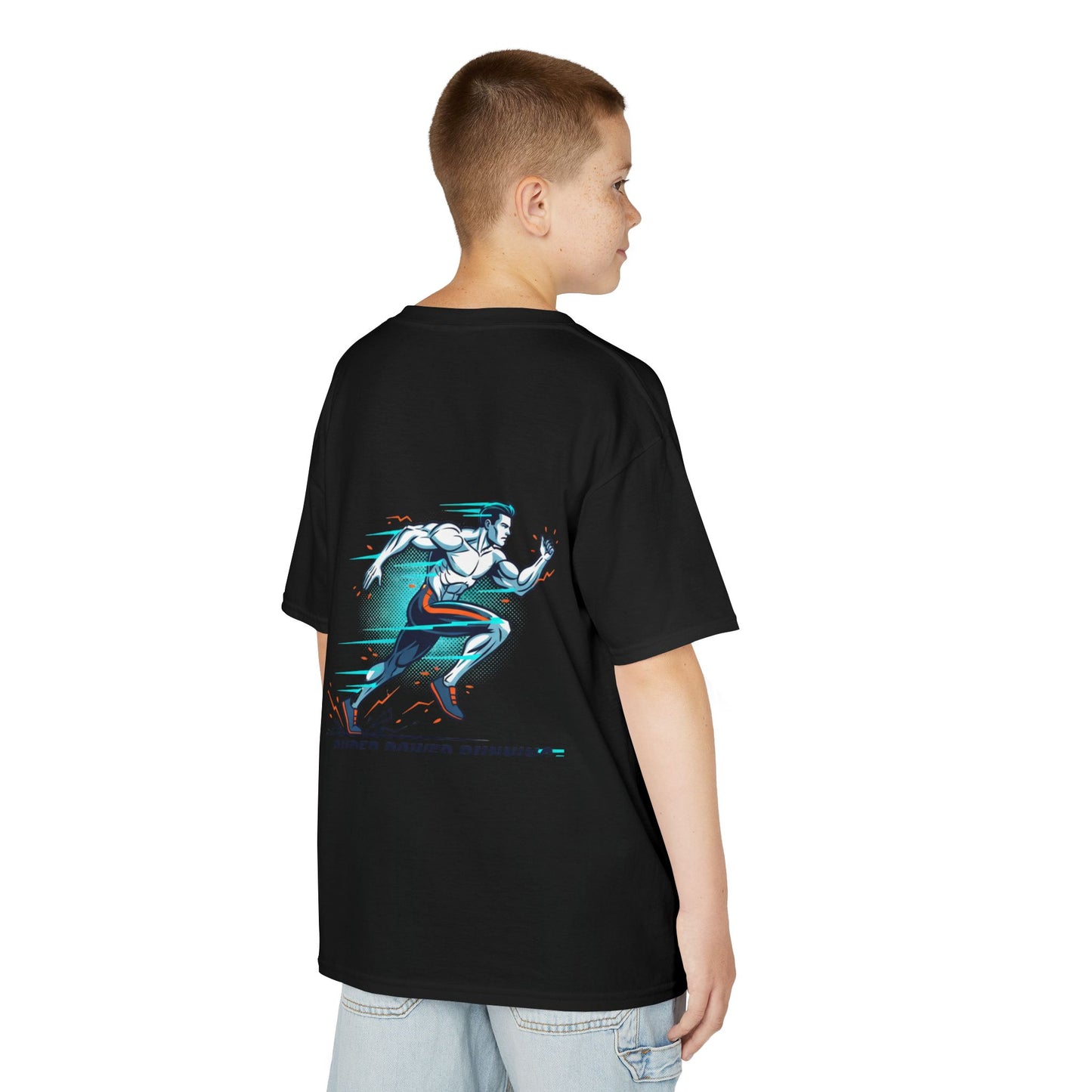 Kids Super Power T-Shirt — Lightning Bolt Badge & Running Superhero Graphic
