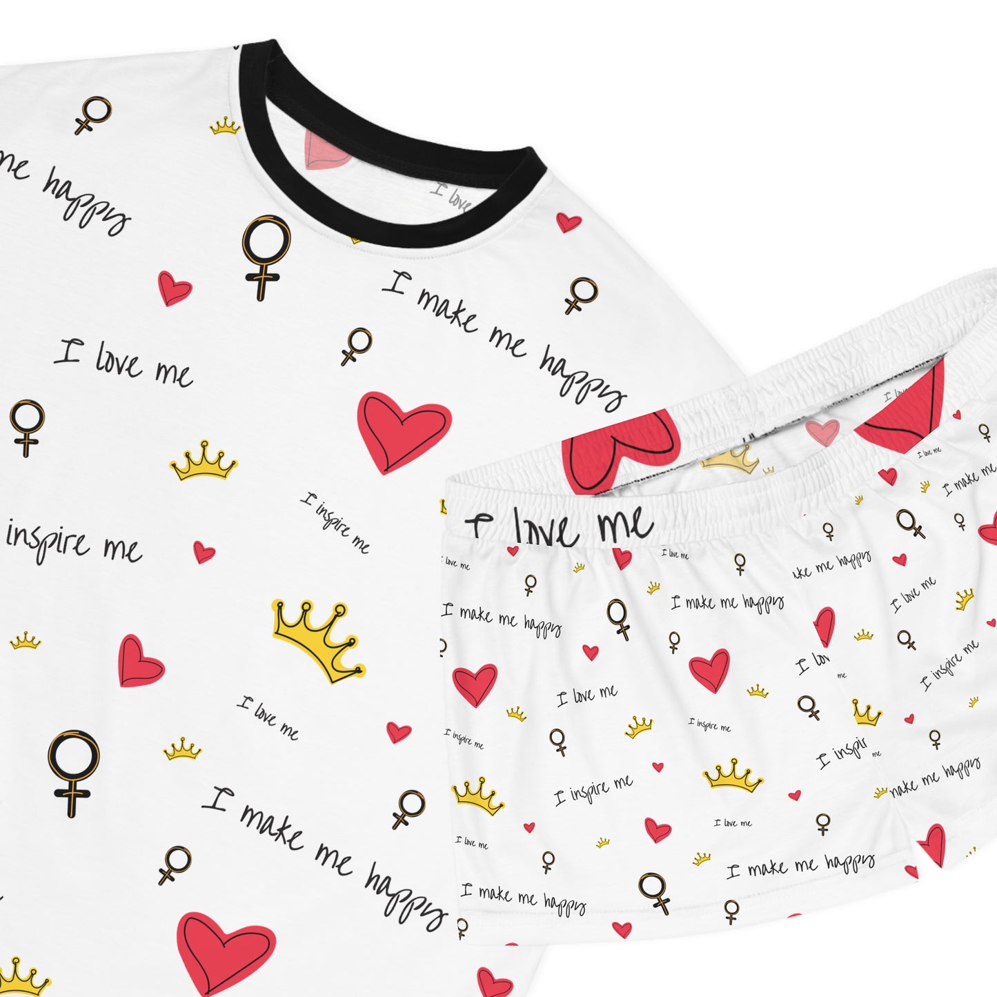 Women's Short Pajama Set - Self-Love Charm, Cozy Sleepwear, Heart and Crown Designs, Perfect for Girlfriend Gifts, Relaxed Lounging, [...]