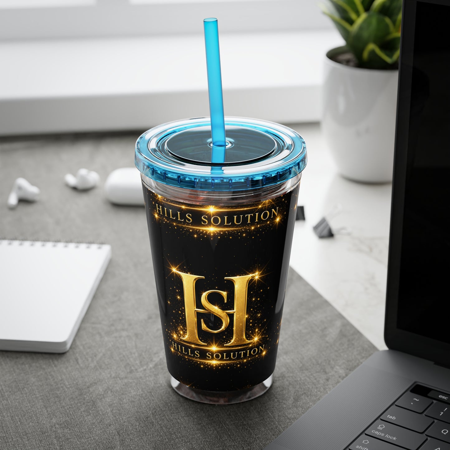 16oz Sunsplash Straw Tumbler — Gold 'HS' Logo Insulated Cup