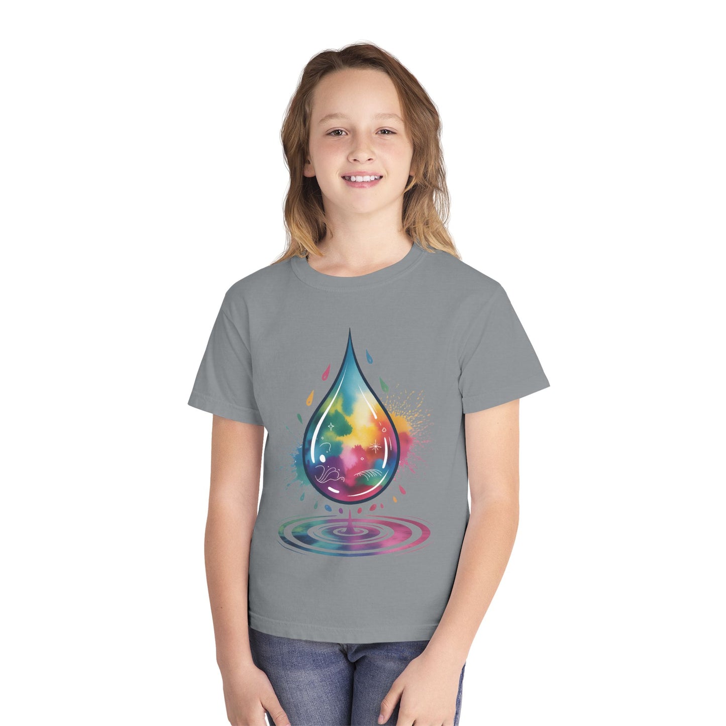 Colorful Nature Youth Tee - Artistic Water Droplet & Whimsical Deer Design