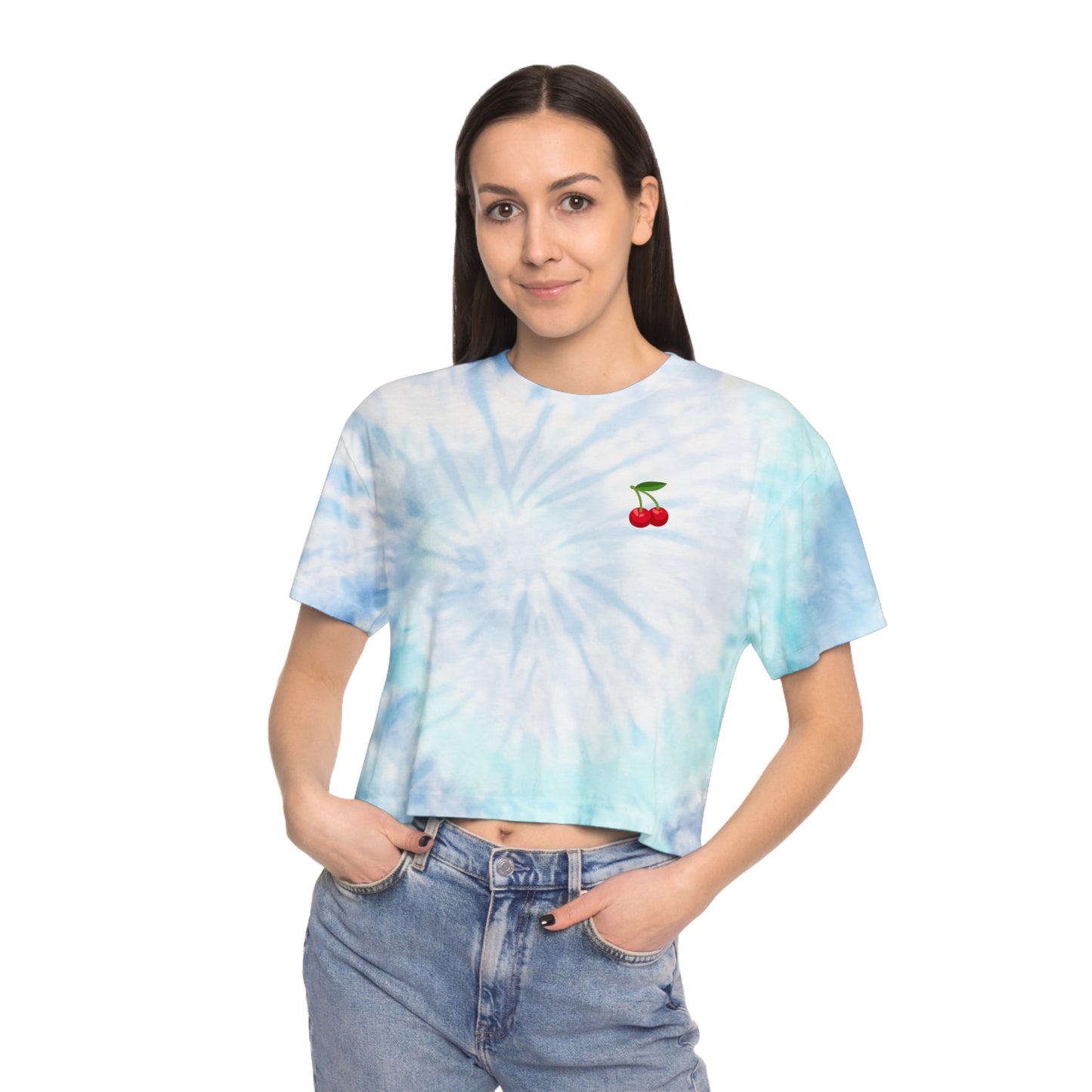 Women's Tie-Dye Crop Tee with Cherry Design - Summer Fashion, Beach Wear, Casual Outfit, Festival Attire, Gift Idea
