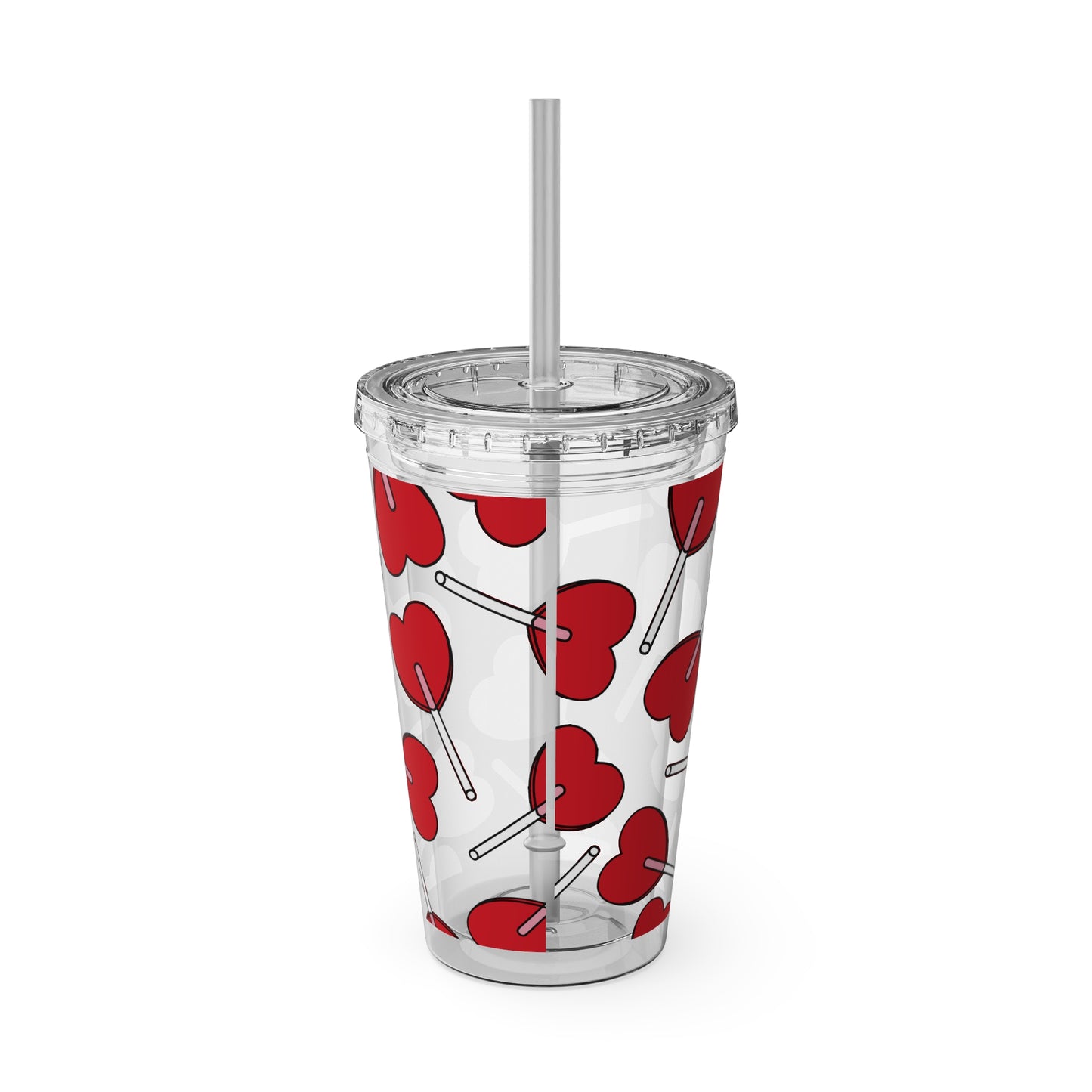Heart Lollipop 16oz Tumbler with Straw — Valentine Candy Pattern Cold Cup