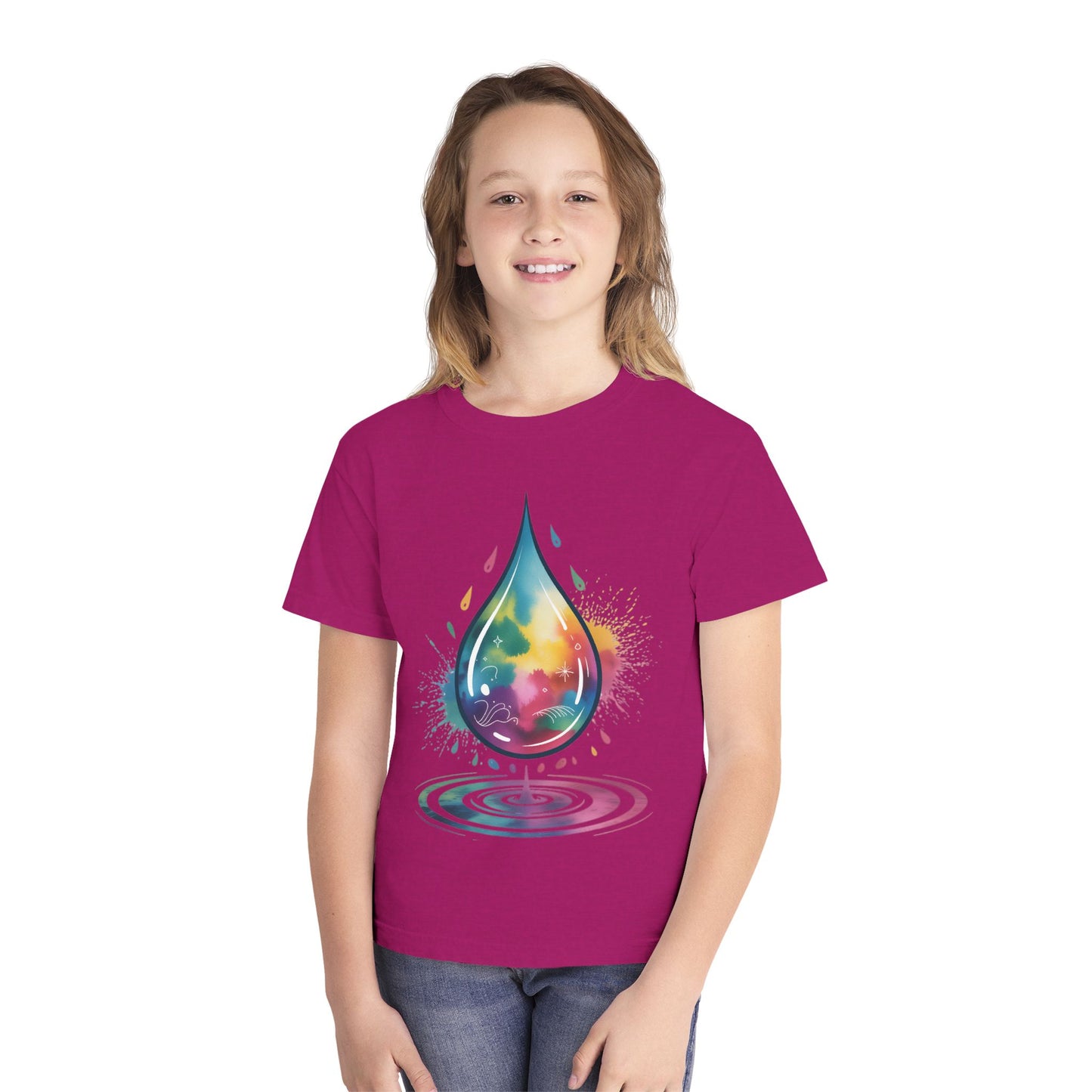 Colorful Nature Youth Tee - Artistic Water Droplet & Whimsical Deer Design