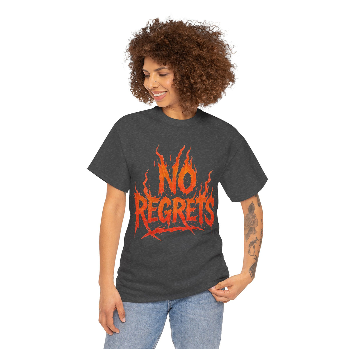 Graphic Tee — 'No Regrets' / 'Proof of Survival' Flame Text Shirt