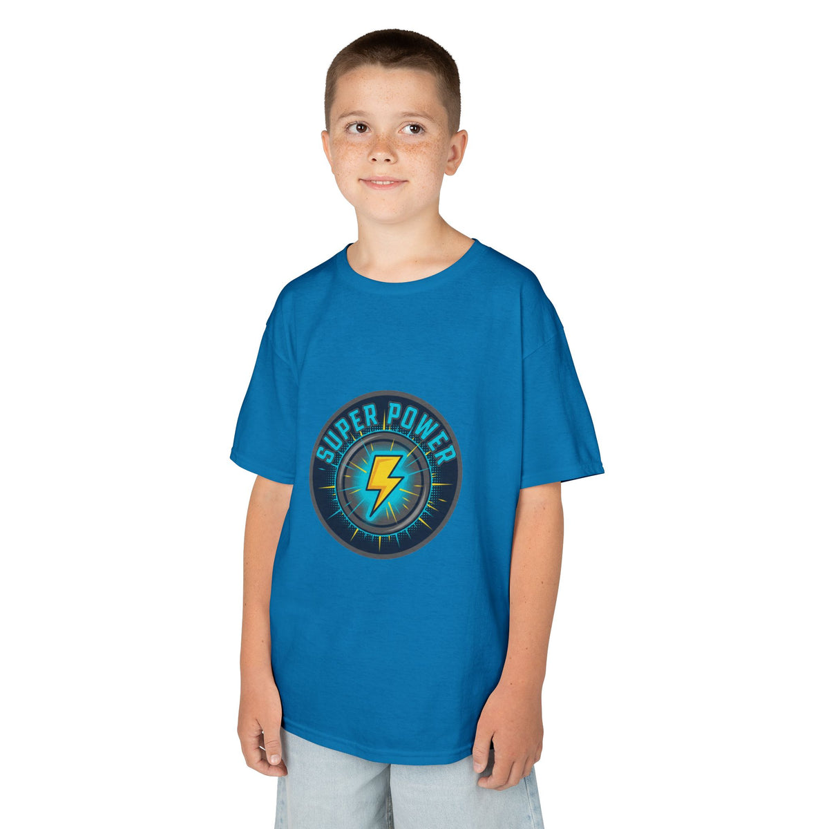 Kids Super Power T-Shirt — Lightning Bolt Badge & Running Superhero Graphic