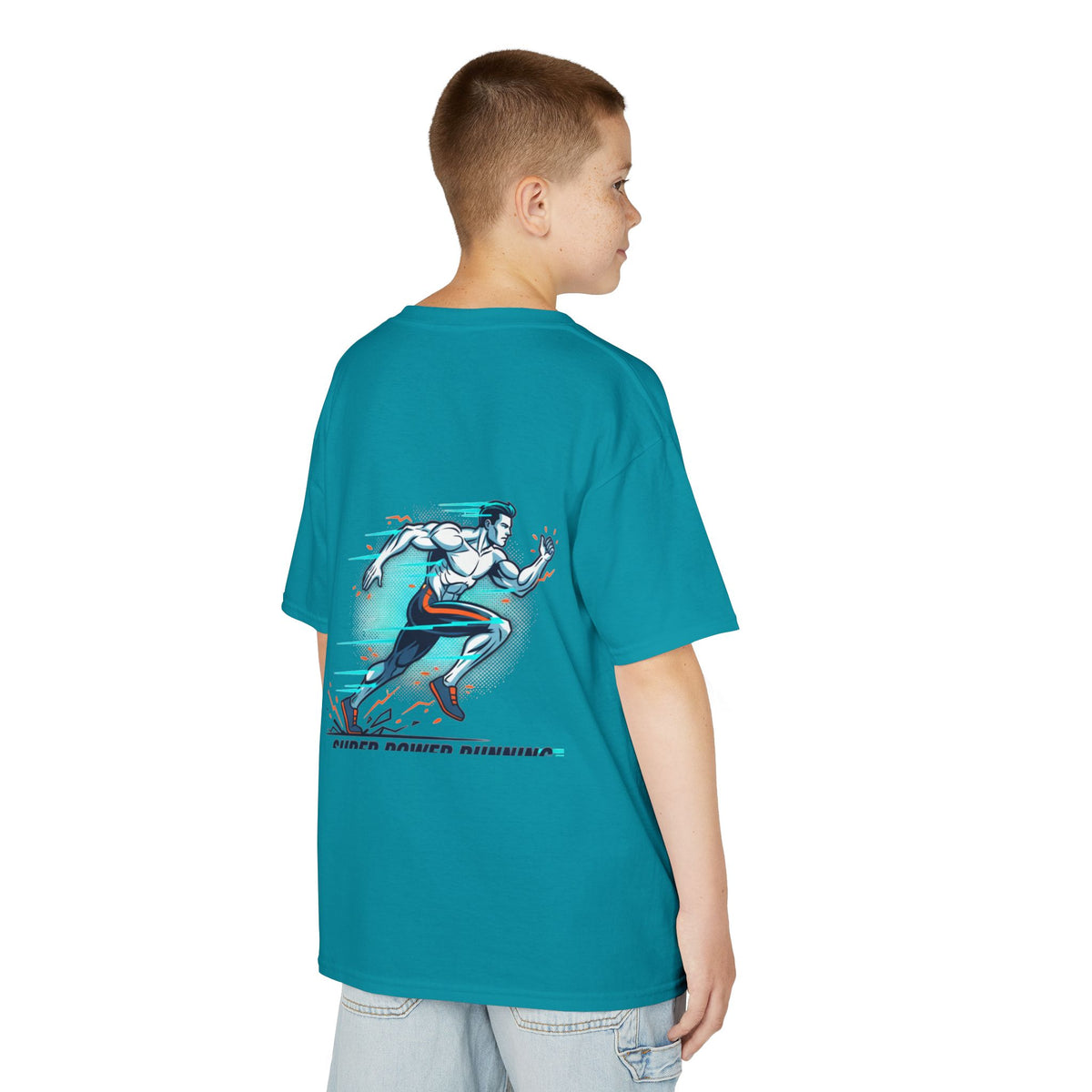 Kids Super Power T-Shirt — Lightning Bolt Badge & Running Superhero Graphic