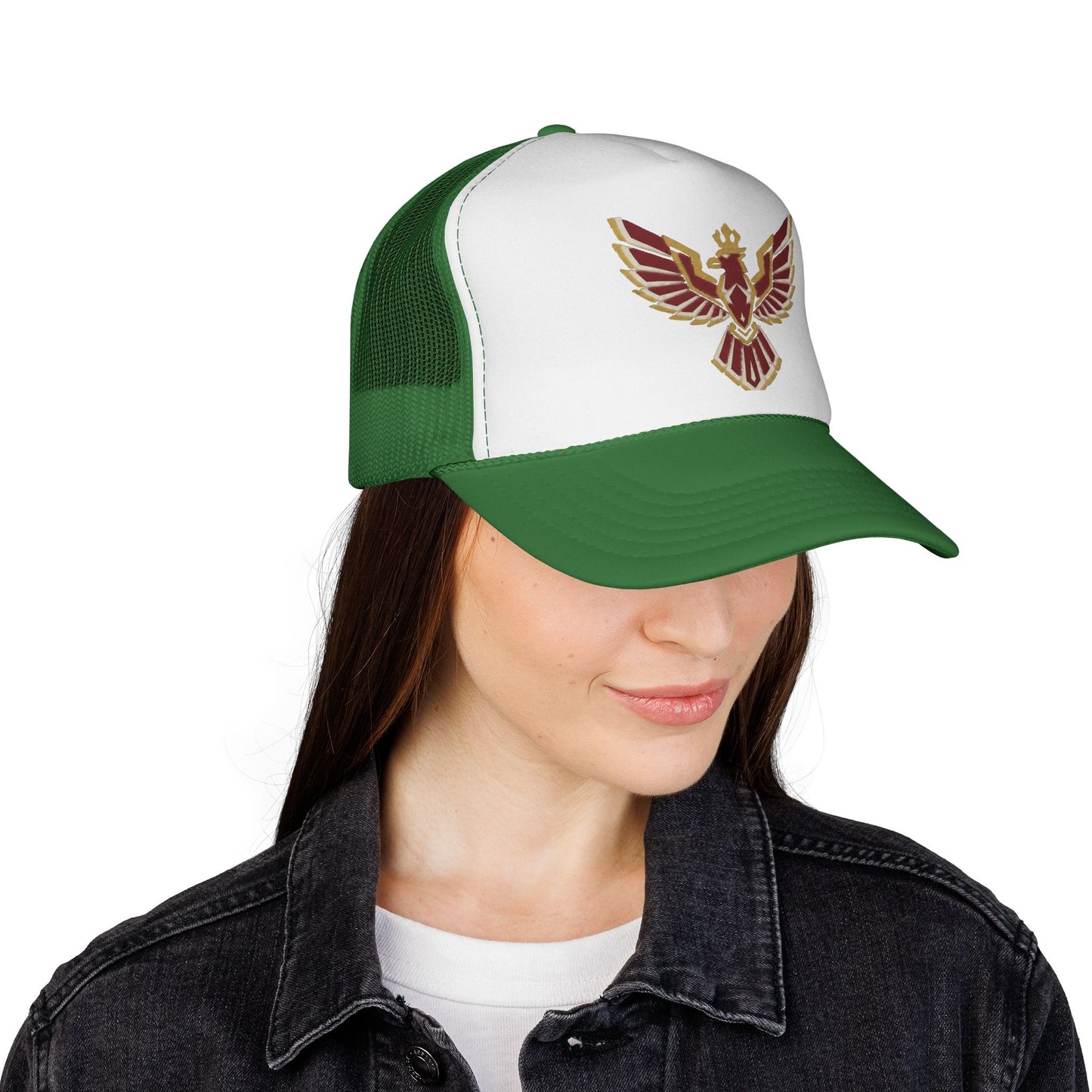 Phoenix Emblem Trucker Cap — Retro Red & Gold Bird Patch Hat